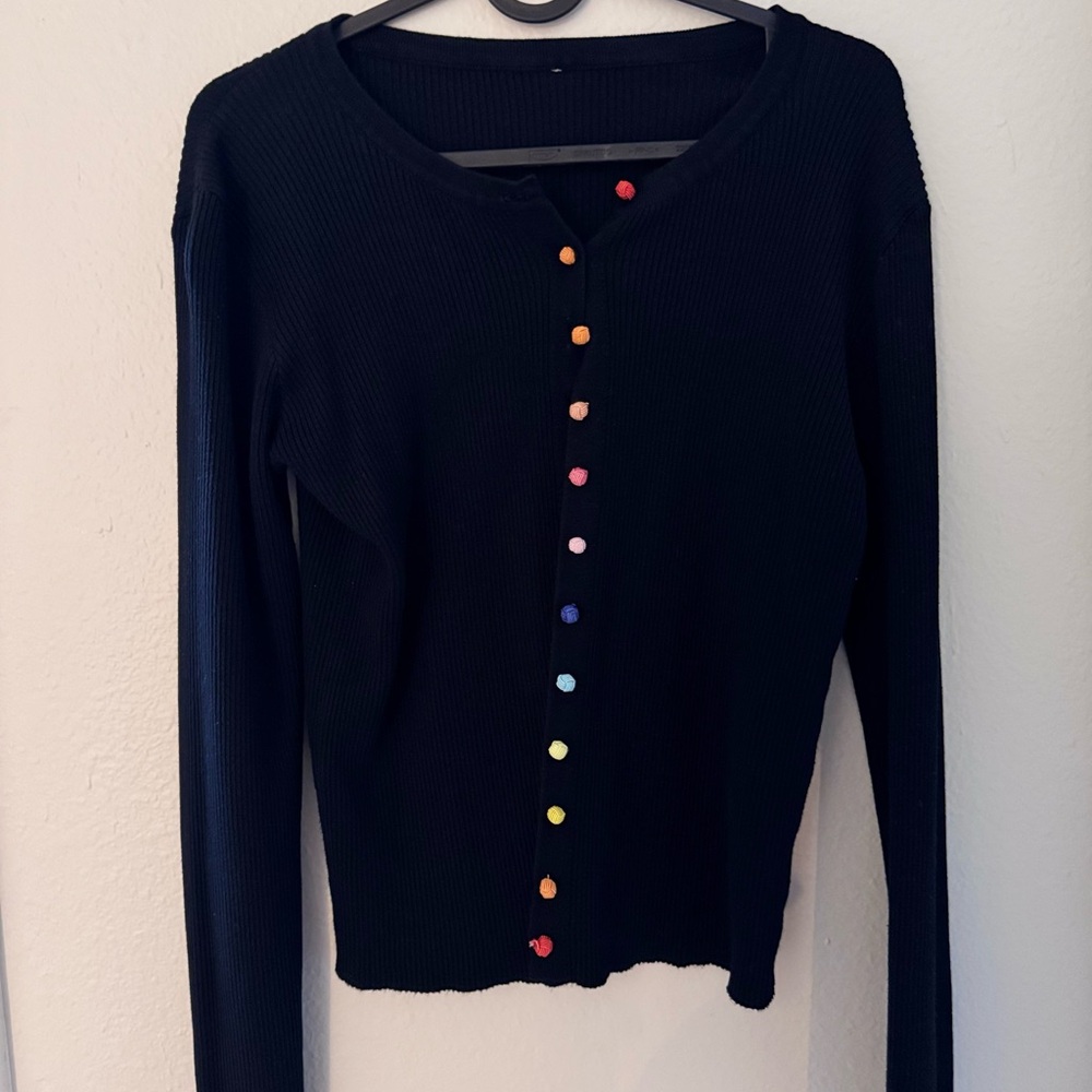 Chic Black Cardigan with Colorful Buttons